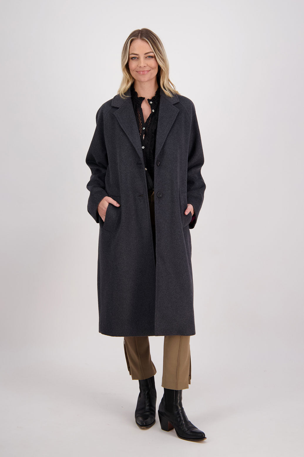 Charcoal Coat / Overcoat. Oversized fit, wide sleeves, lined, angle pockets and high back spllt. Harrington