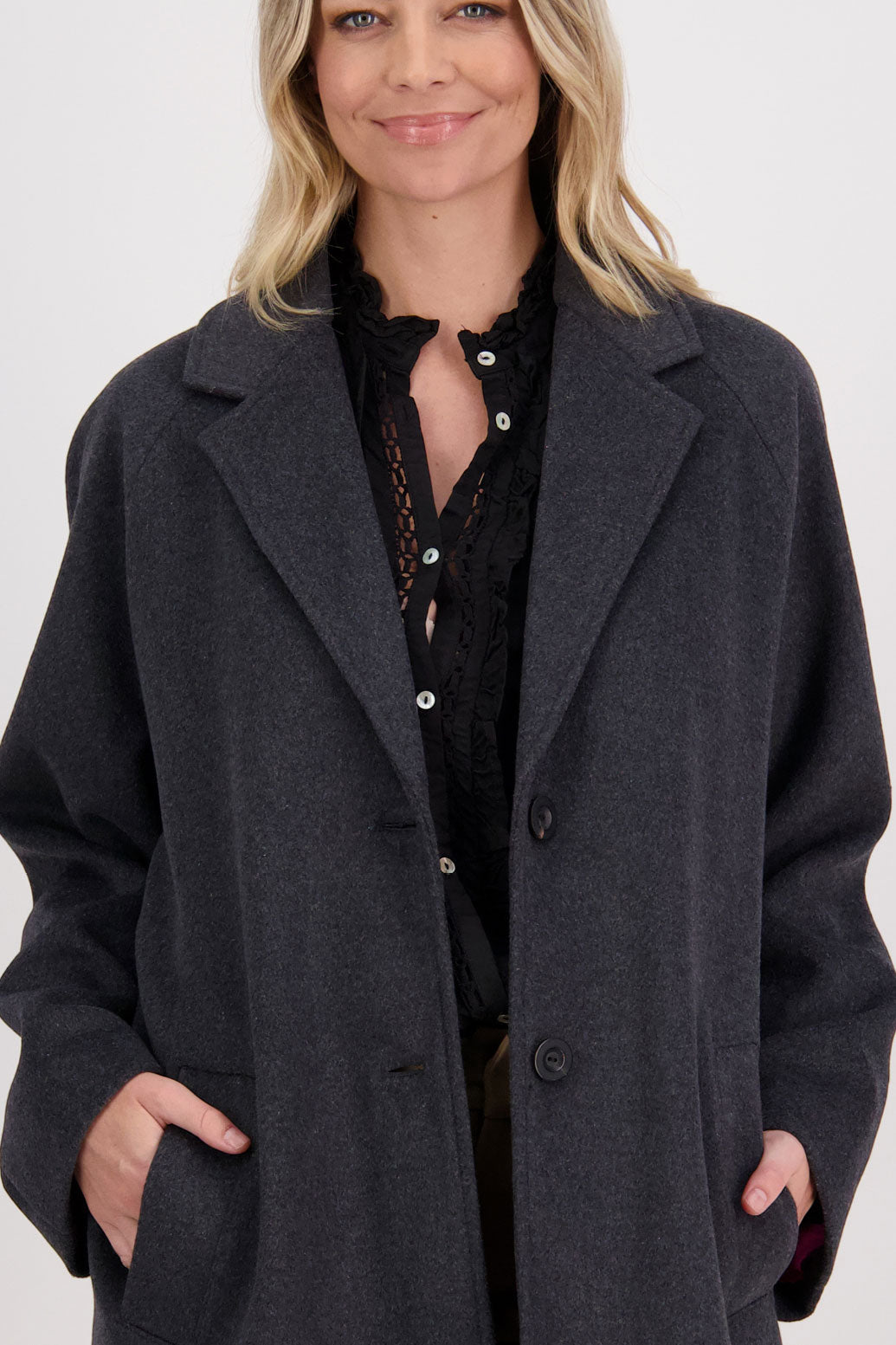 Charcoal Coat / Overcoat. Oversized fit, wide sleeves, lined, angle pockets and high back spllt. Harrington