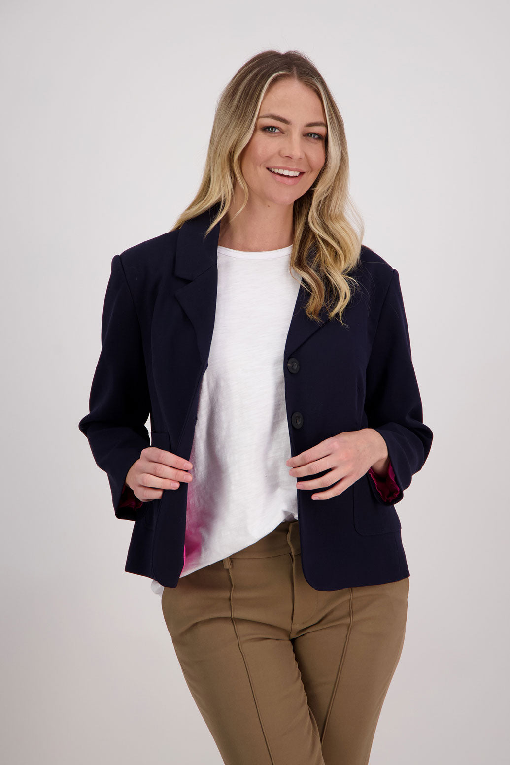 Ink/Dark Blue blazer with subtle shaping and fuchsia/pink lining. Harris