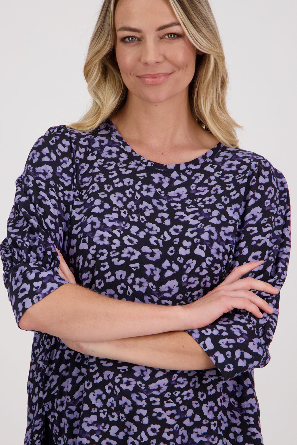 Blue Animal Briarwood viscose round neck top with 3/4 sleeves, round neck and wide cuff. Harrison