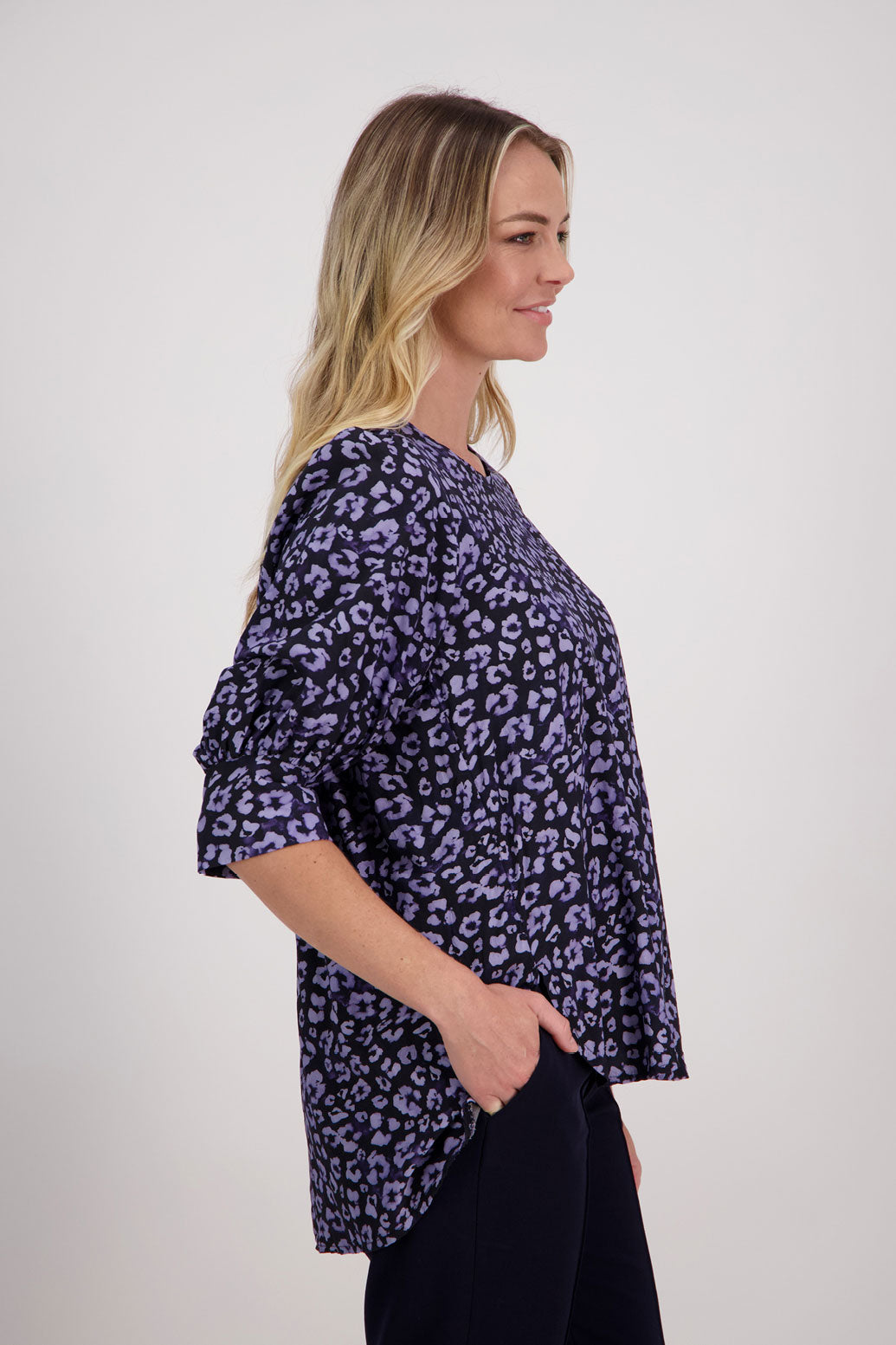 Blue Animal Briarwood viscose round neck top with 3/4 sleeves, round neck and wide cuff. Harrison