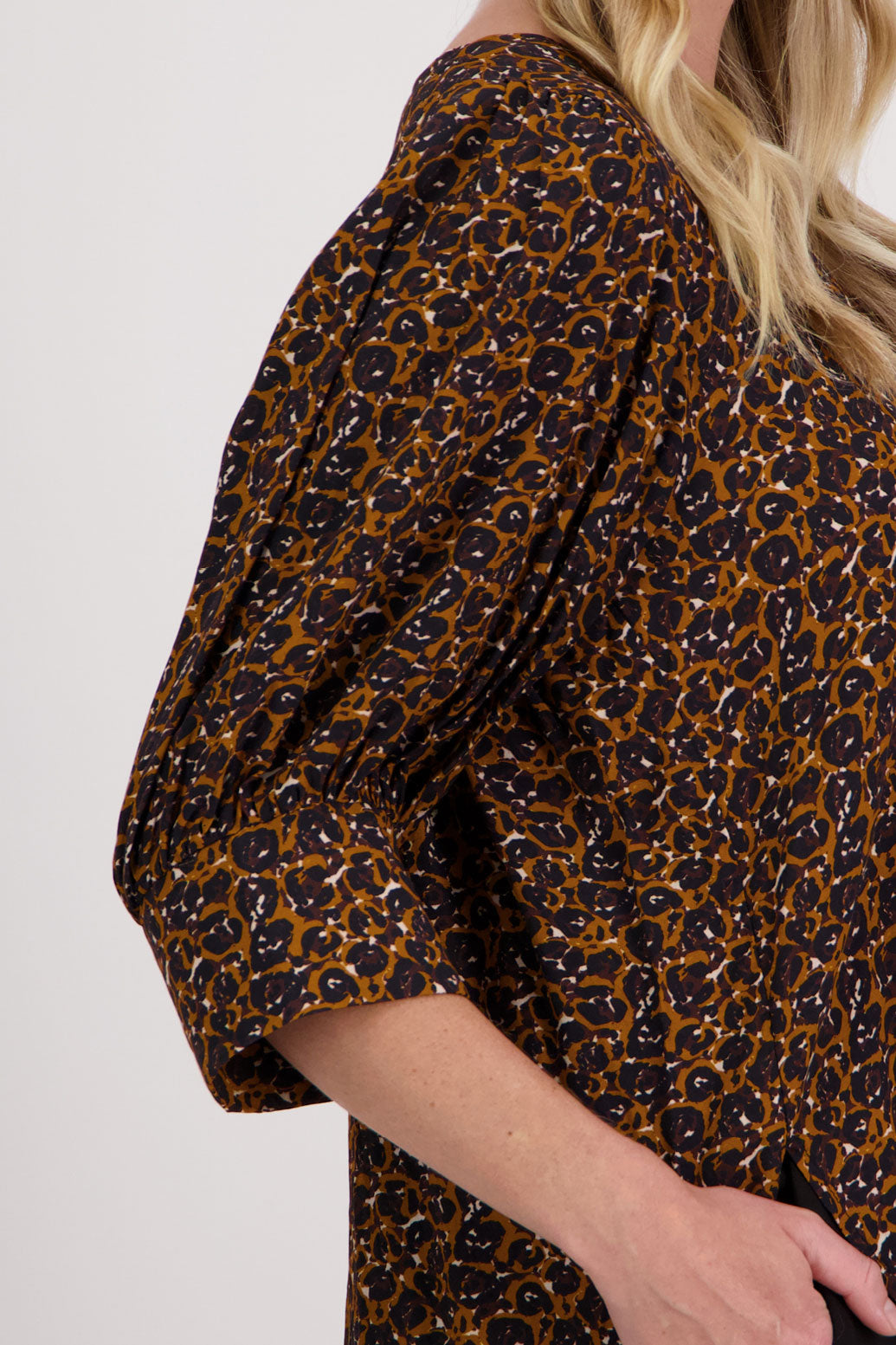 Brown Animal Briarwood viscose top with 3/4 sleeves, wide cuff and gathered back. Harrison