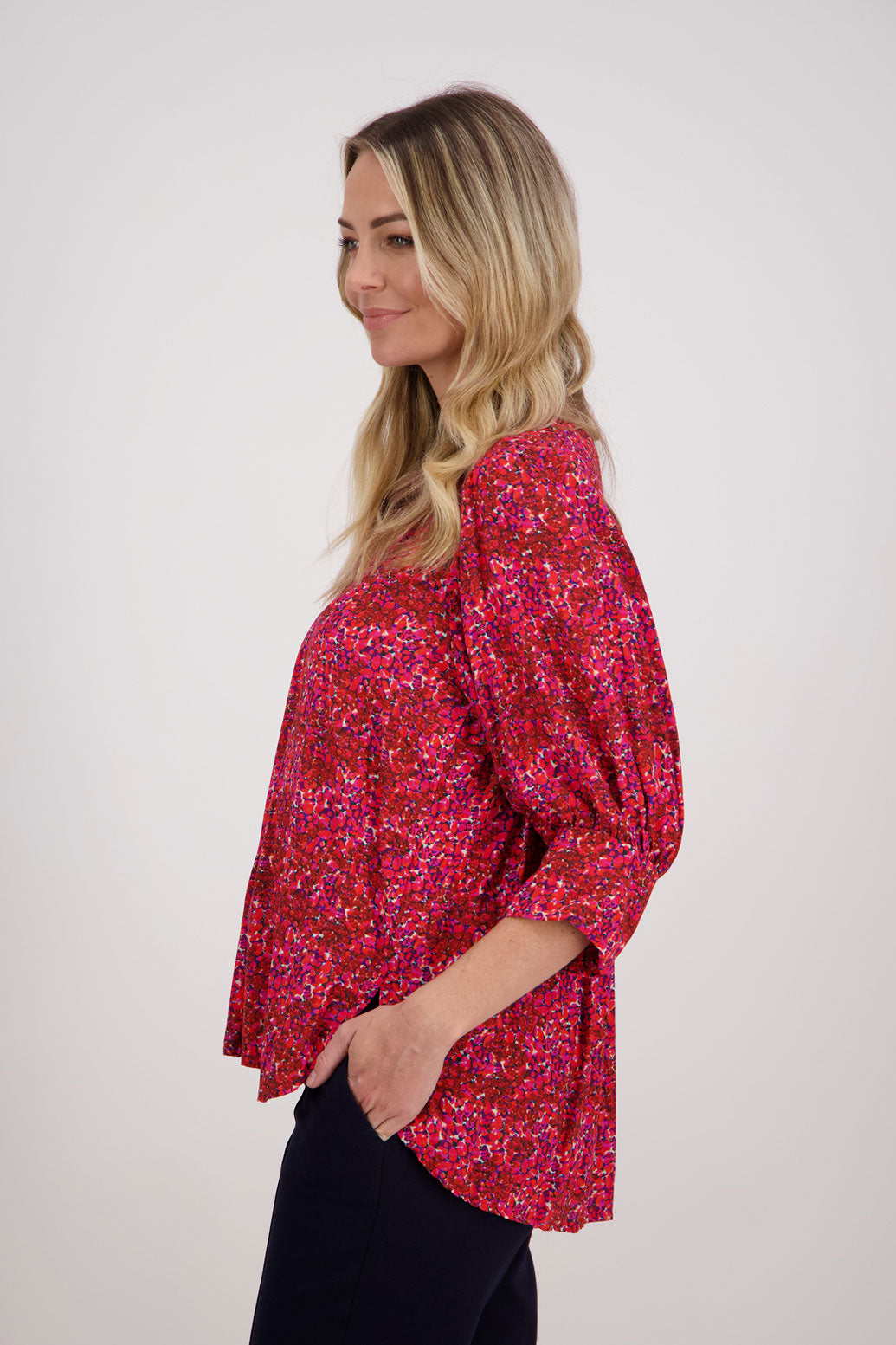 Red Floral Briarwood viscose top with 3/4 sleeves, wide cuff and gathered back. Harrison