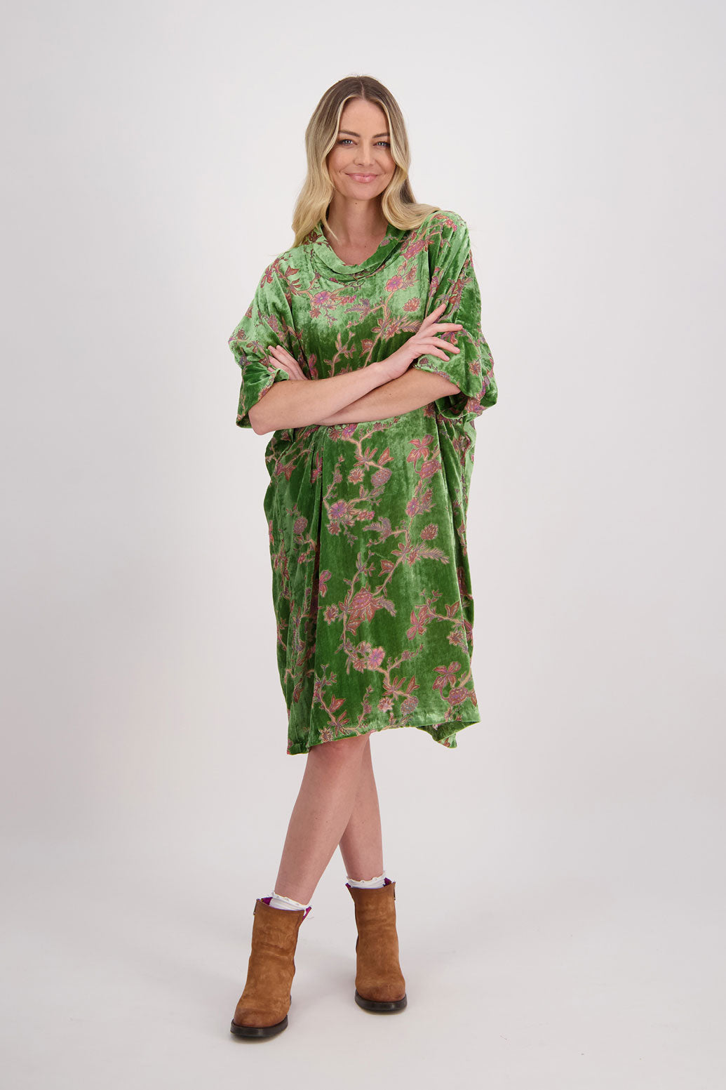 Burn Out Velvet, Green Floral dress with roll neck and batwing sleeves