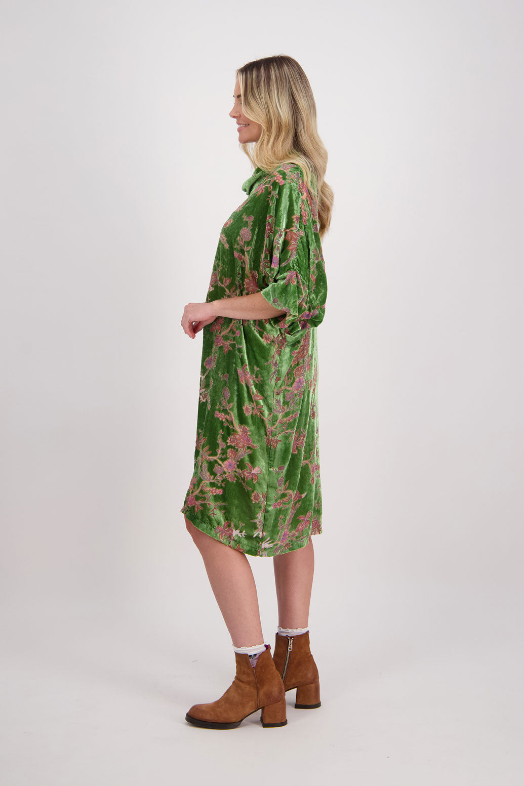 Burn Out Velvet, Green Floral dress with roll neck and batwing sleeves