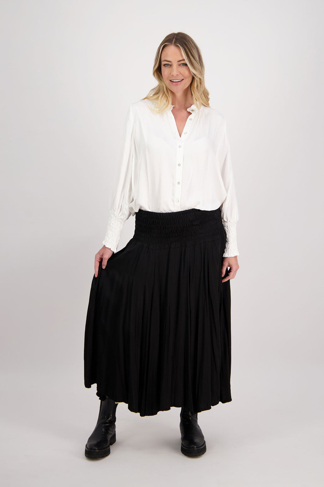 Black Briarwood maxi skirt with shirred waist. Hawthorn