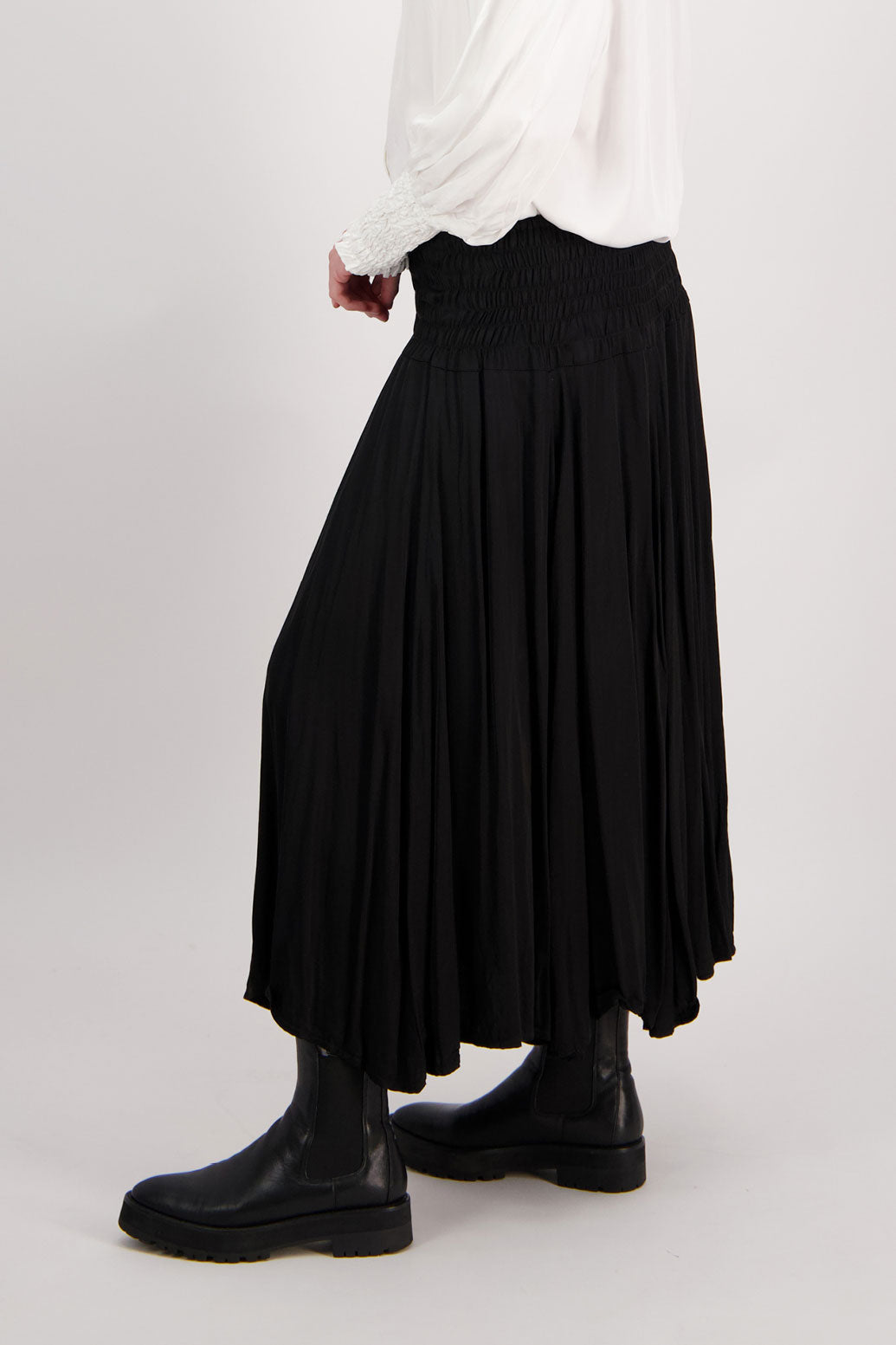 Black Briarwood maxi skirt with shirred waist. Hawthorn