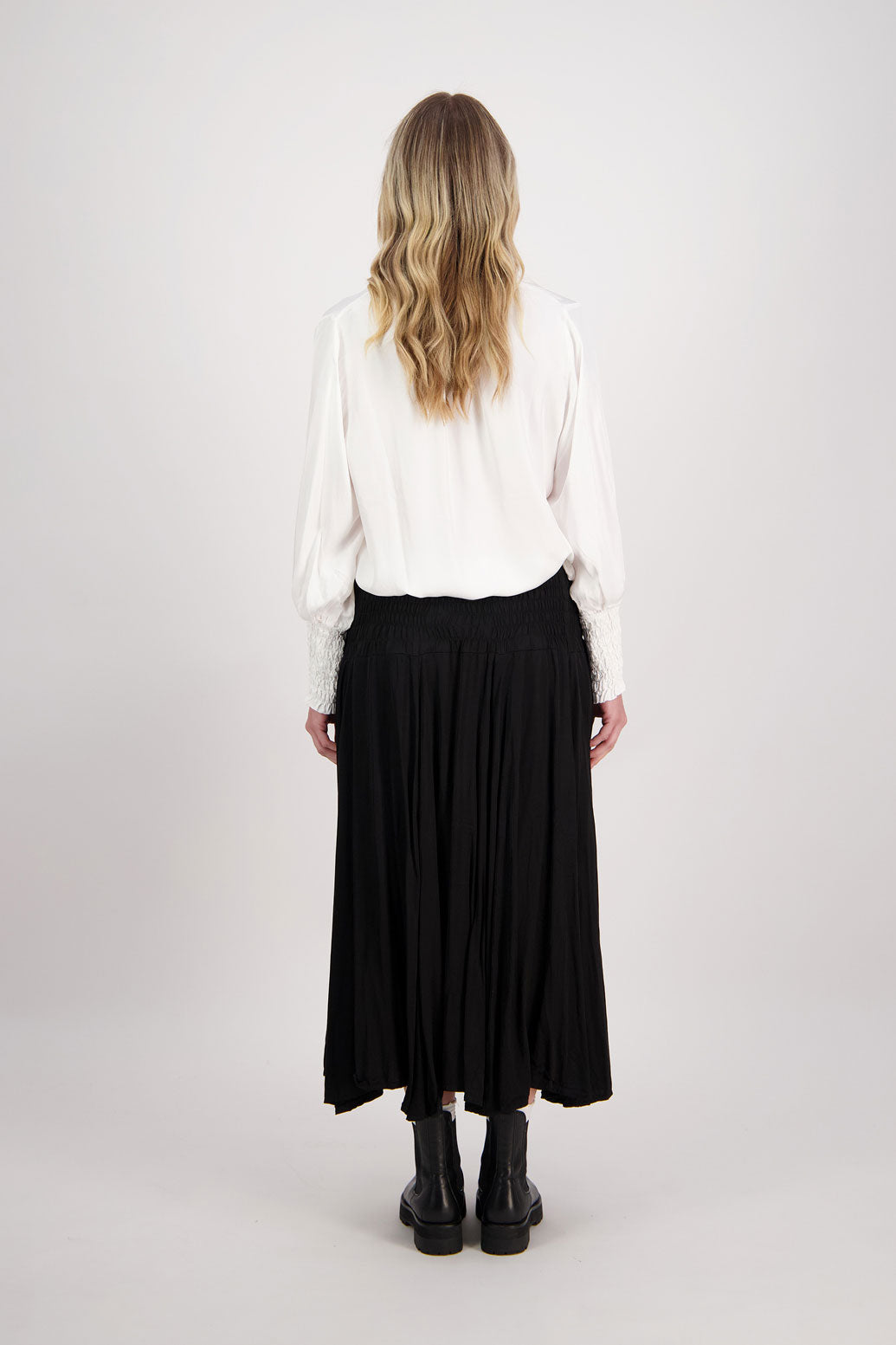 Black Briarwood maxi skirt with shirred waist. Hawthorn