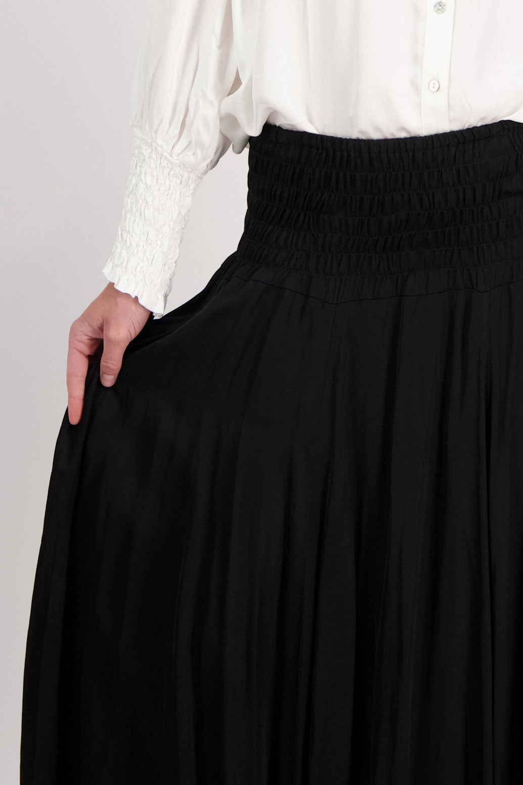 Black Briarwood maxi skirt with shirred waist. Hawthorn