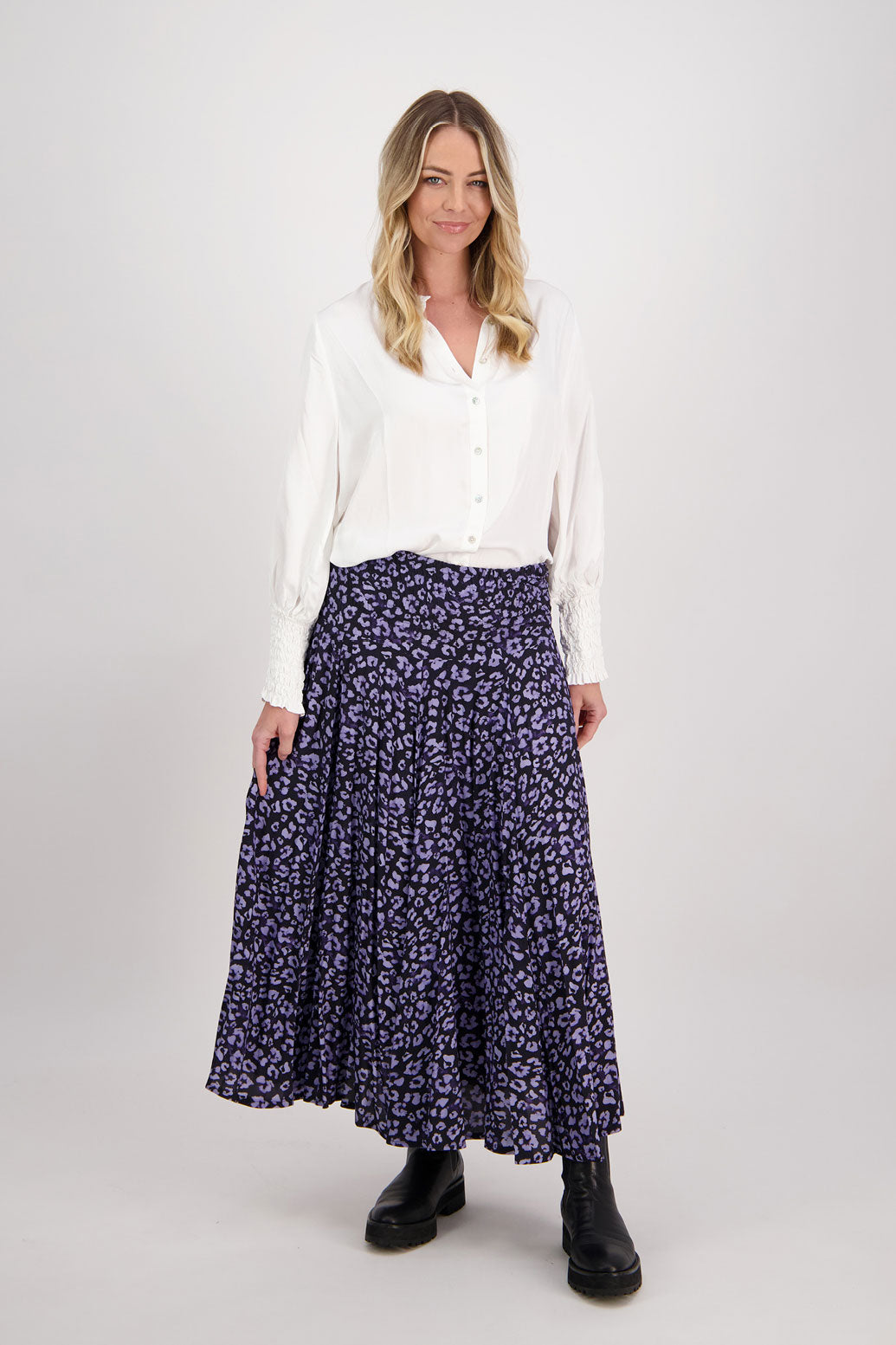 Blue Animal Briarwood maxi skirt with shirred waist. Hawthorn