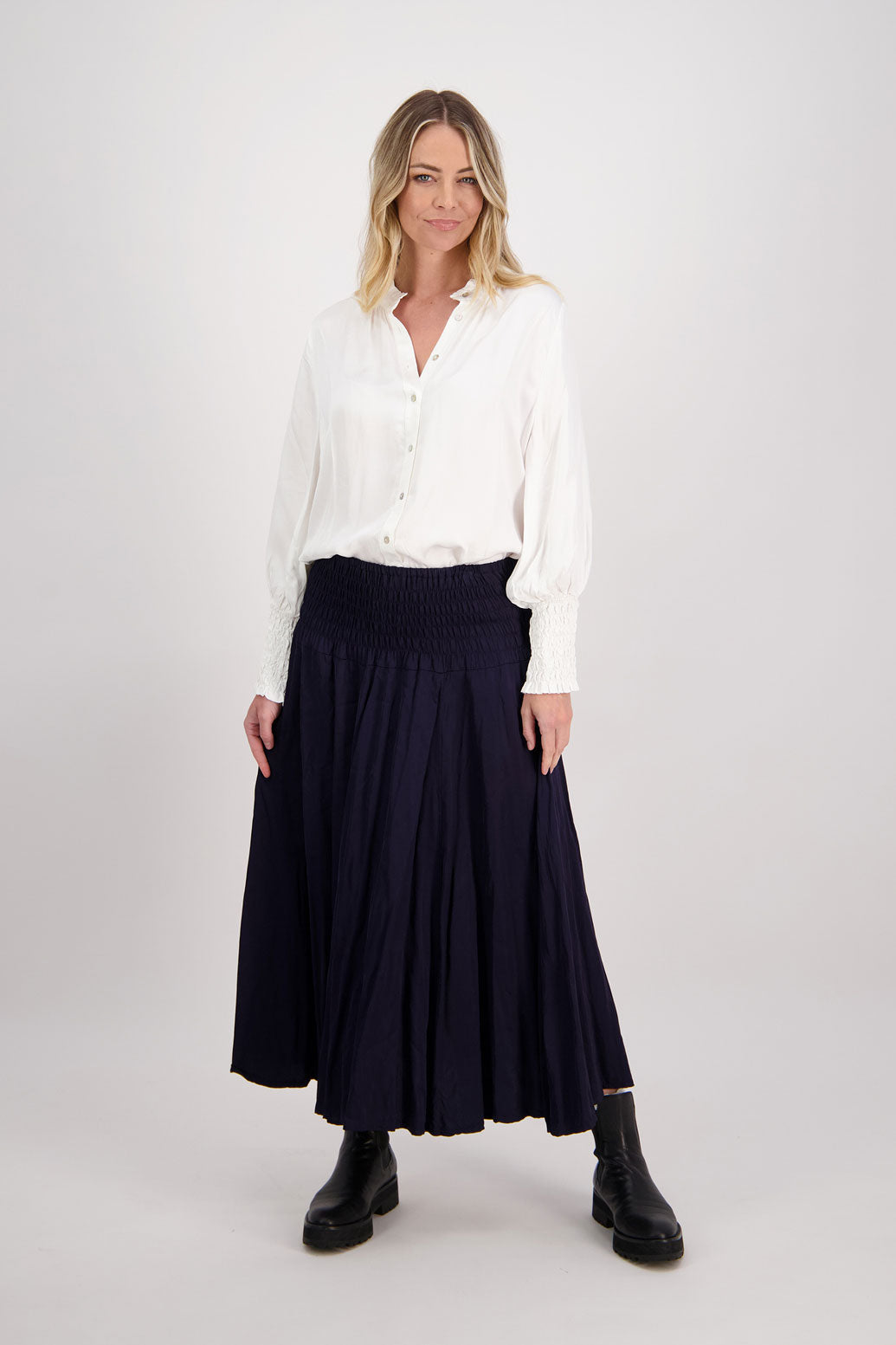 Ink/Dark Blue Briarwood maxi skirt with shirred waist. Hawthorn