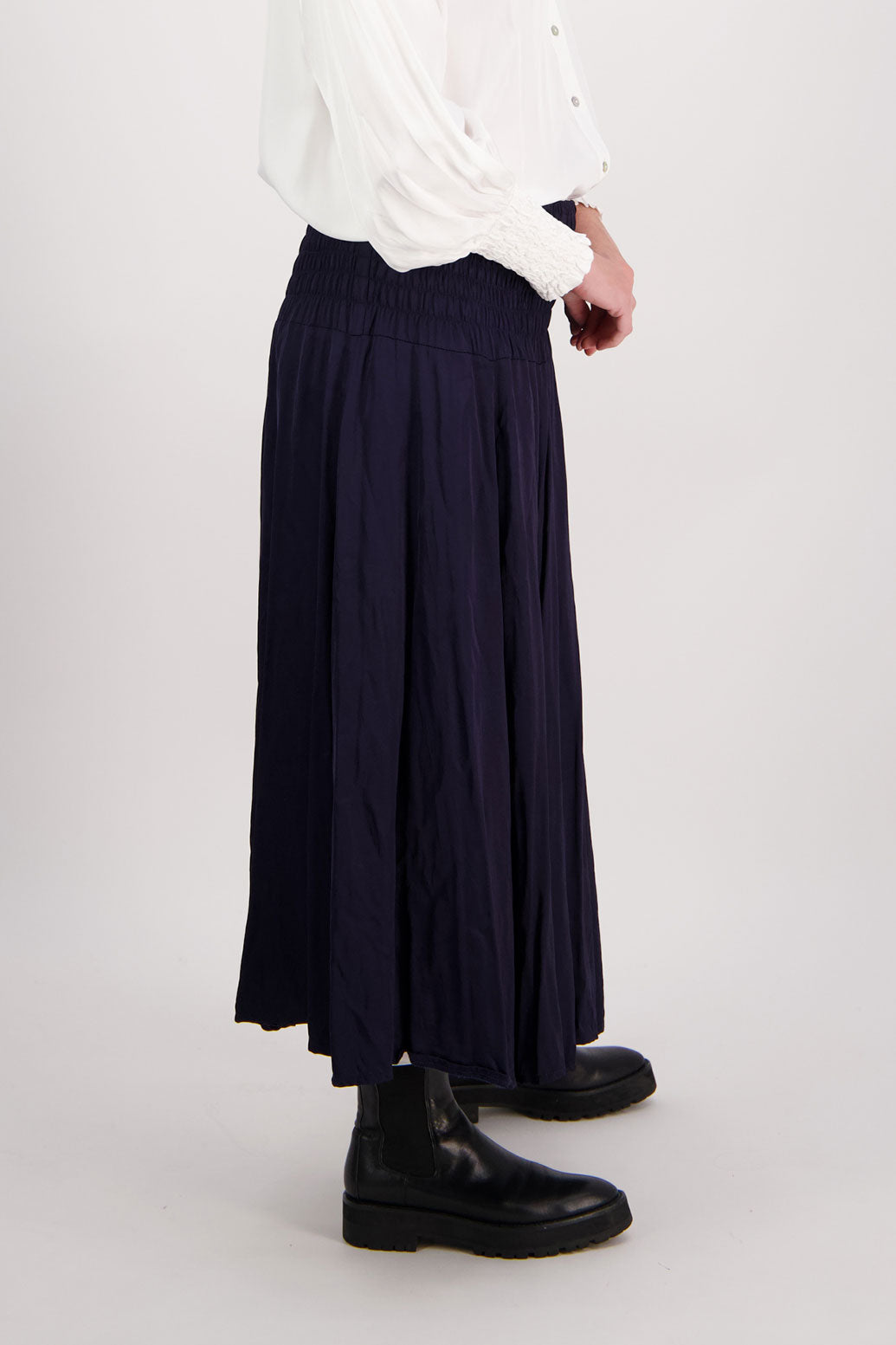 Ink/Dark Blue Briarwood maxi skirt with shirred waist. Hawthorn