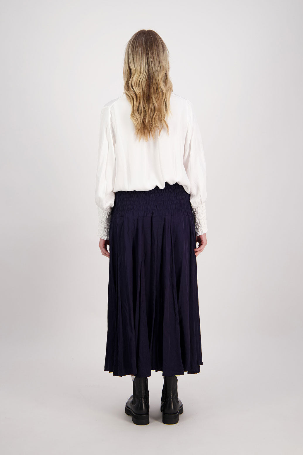 Ink/Dark Blue Briarwood maxi skirt with shirred waist. Hawthorn