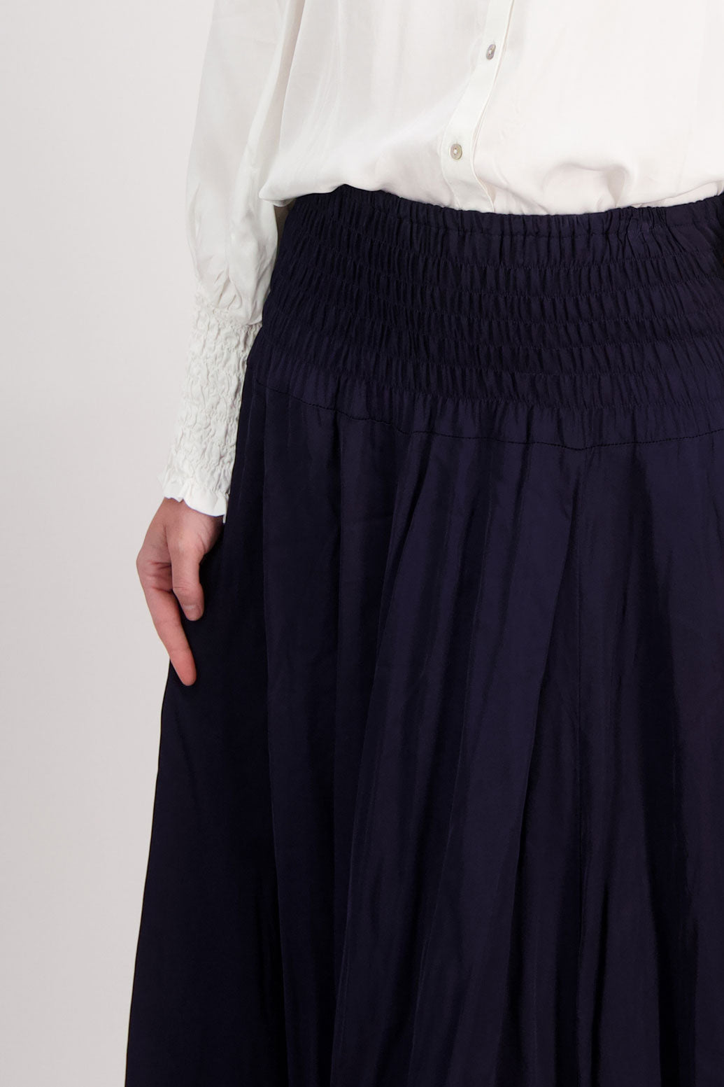 Ink/Dark Blue Briarwood maxi skirt with shirred waist. Hawthorn