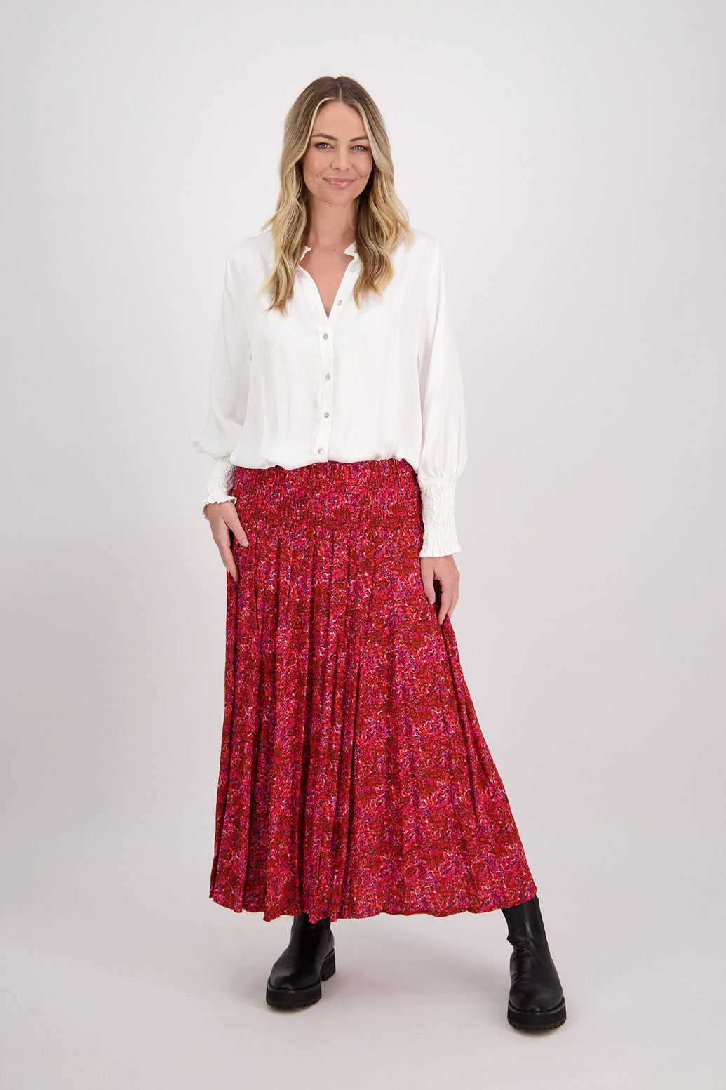 Red Floral Briarwood maxi skirt with shirred waist. Hawthorn