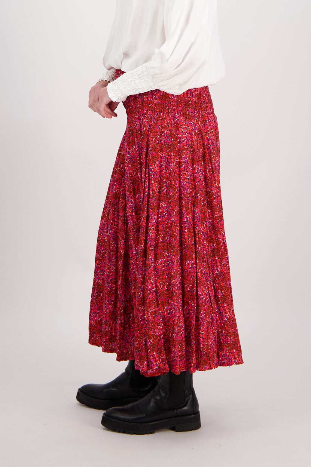 Red Floral Briarwood maxi skirt with shirred waist. Hawthorn