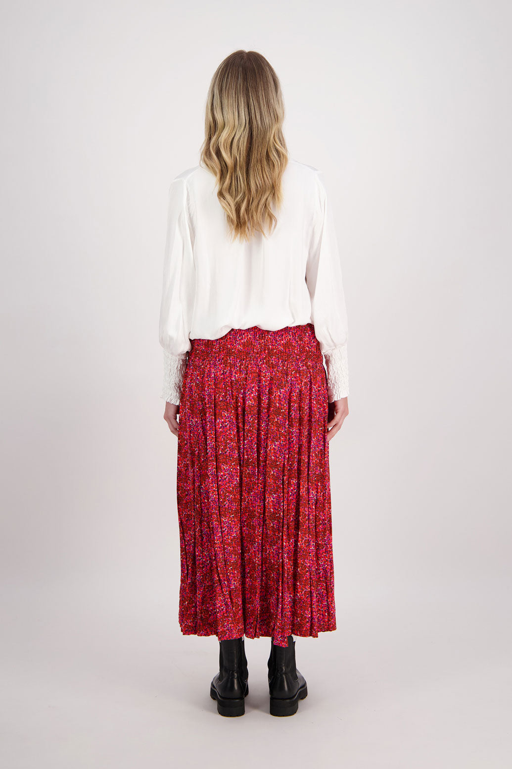 Red Floral Briarwood maxi skirt with shirred waist. Hawthorn