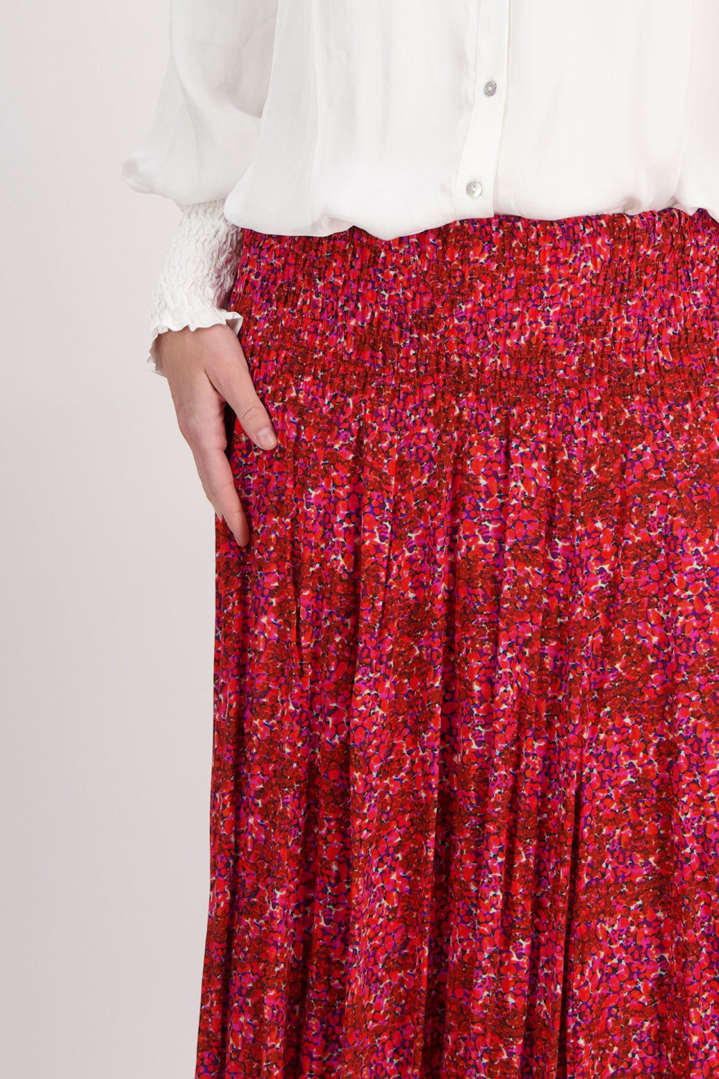 Red Floral Briarwood maxi skirt with shirred waist. Hawthorn