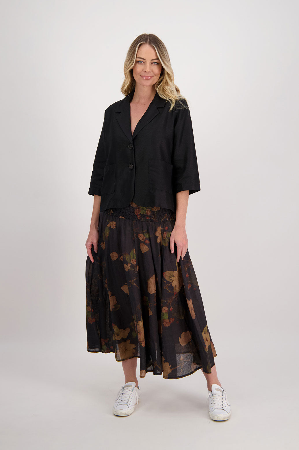 Hazelle Ramie Shirred Waist Skirt, Black Floral