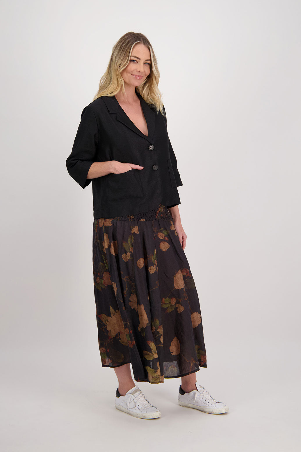 Hazelle Ramie Shirred Waist Skirt, Black Floral