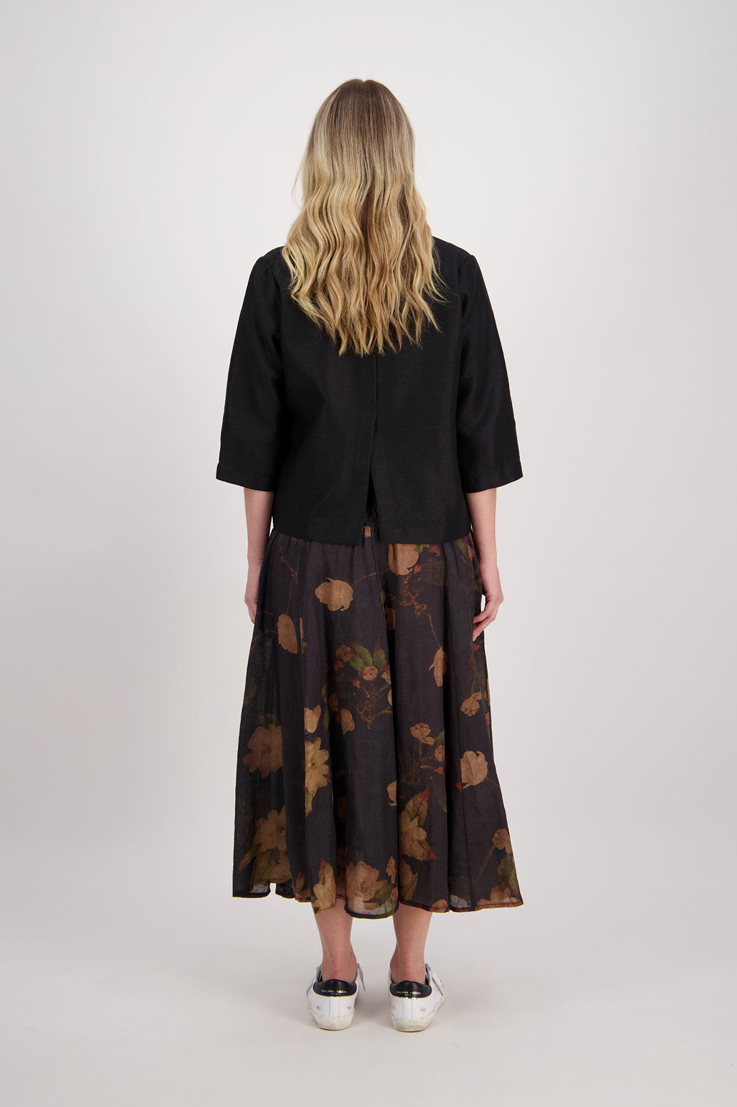 Hazelle Ramie Shirred Waist Skirt, Black Floral. 