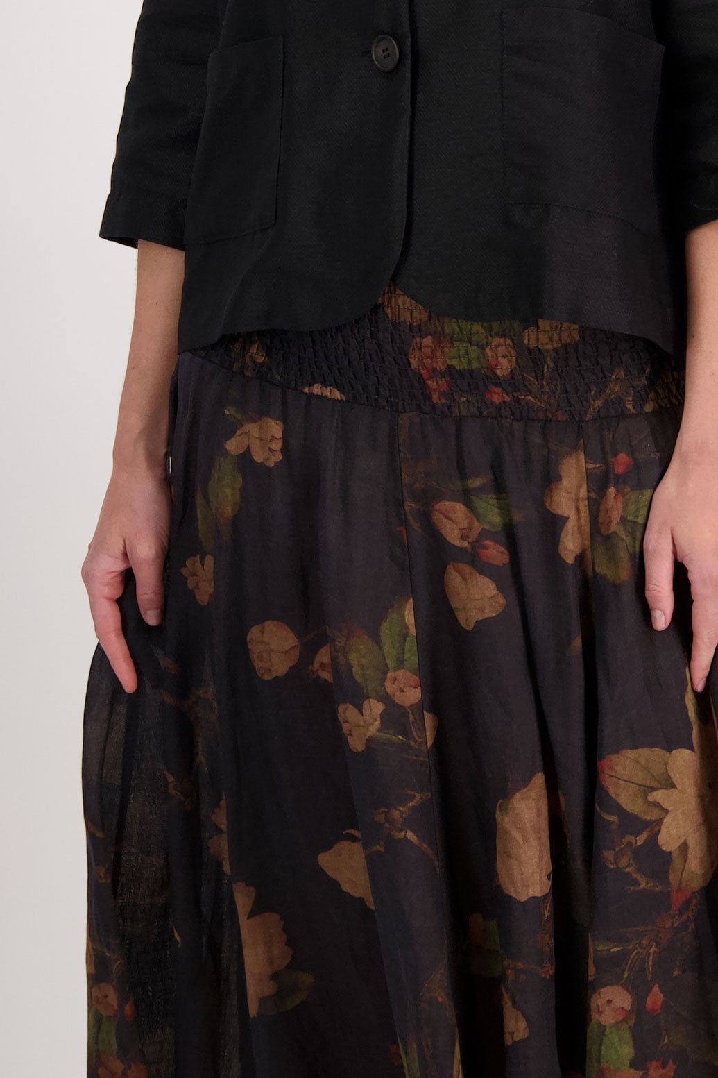 Hazelle Ramie Shirred Waist Skirt, Black Floral. 