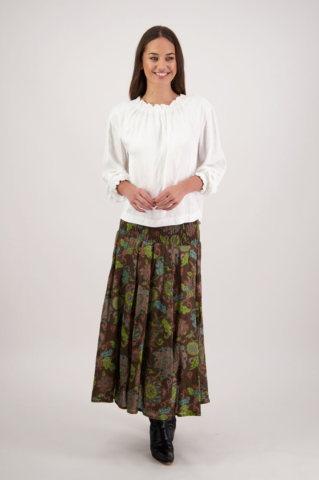 Hazelle Skirt in Brown Floral by Briarwood NZ. Full-length 100% ramie skirt with shirred waist and cotton lining.