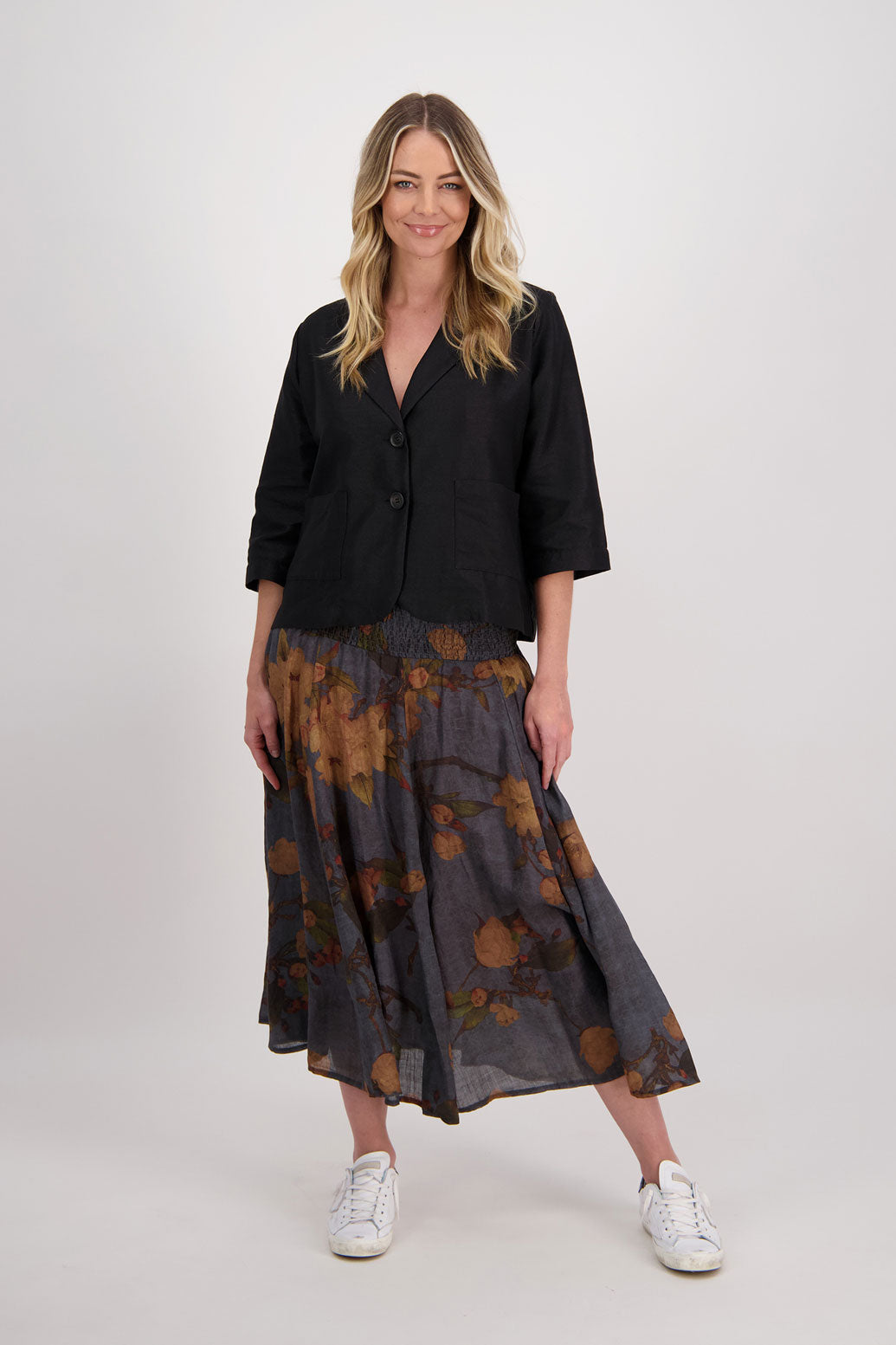 Petrol Floral Shirred Waist Ramie Maxi Skirt, Hazelle