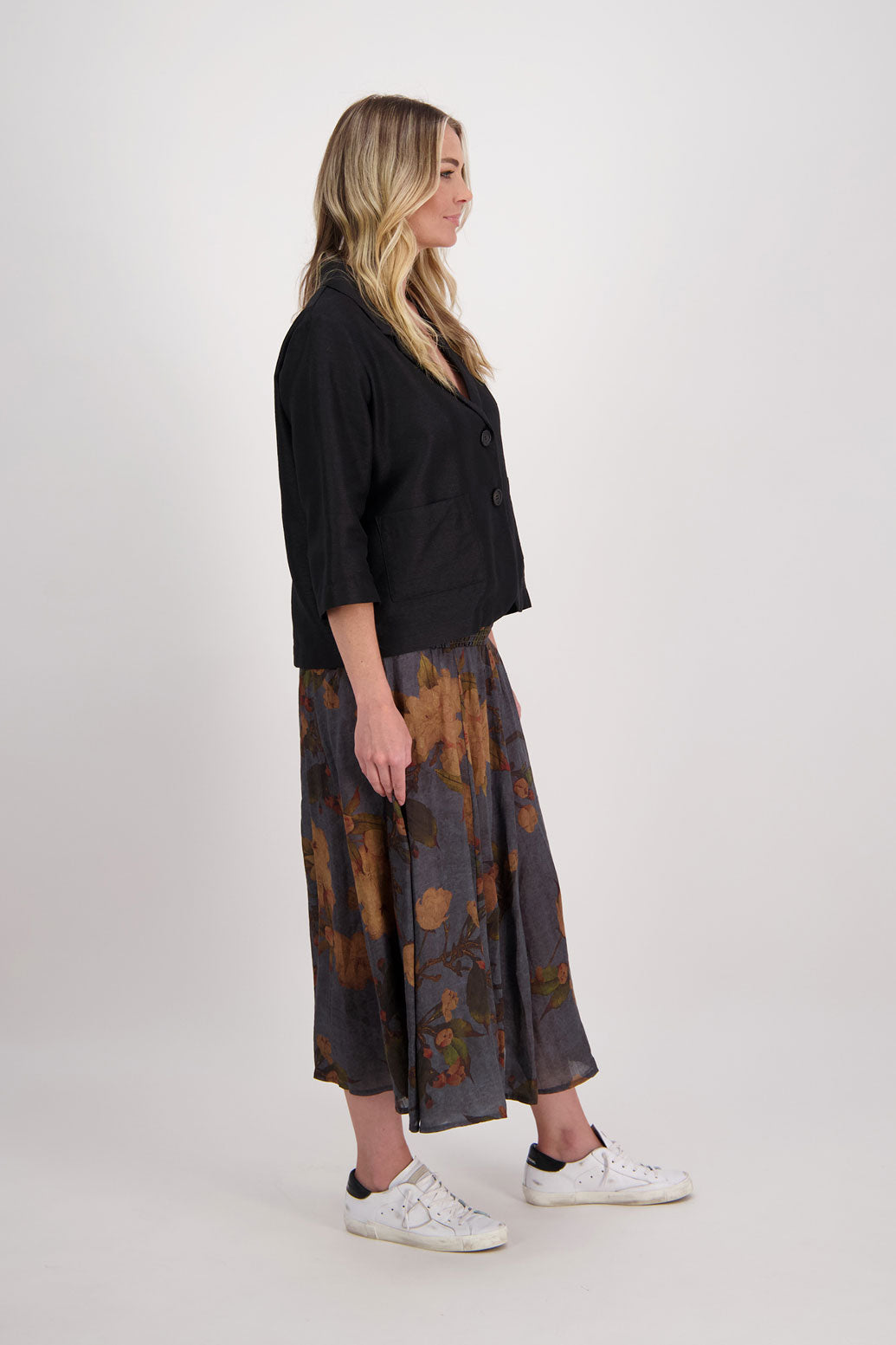 Petrol Floral Shirred Waist Ramie Maxi Skirt, Hazelle