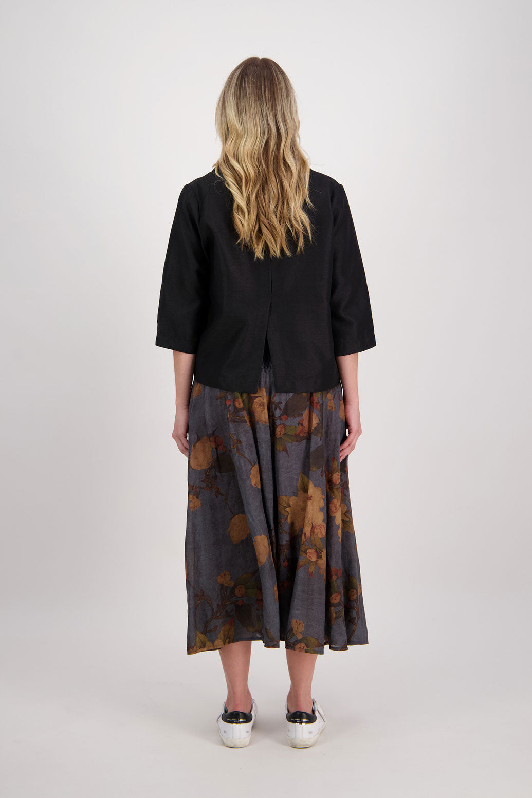 Petrol Floral Shirred Waist Ramie Maxi Skirt, Hazelle