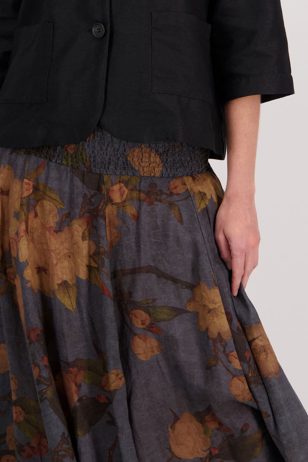 Petrol Floral Shirred Waist Ramie Maxi Skirt, Hazelle