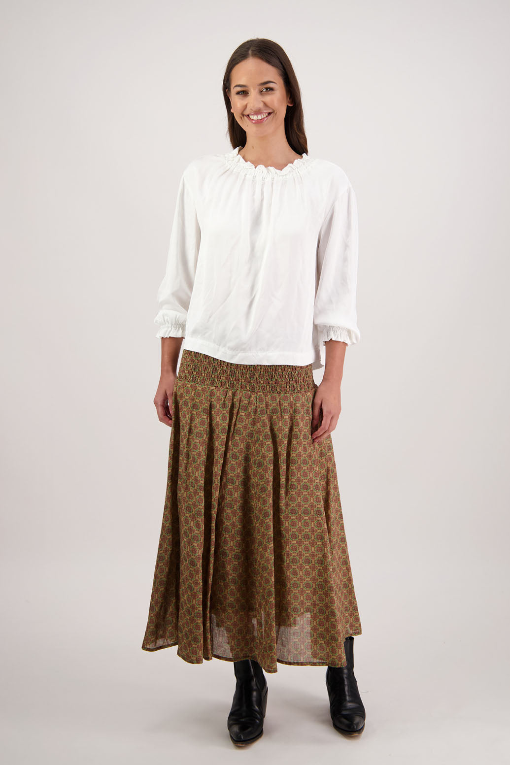Hazelle Skirt in Camel Tile by Briarwood NZ. Full-length 100% ramie skirt with shirred waist and cotton lining.