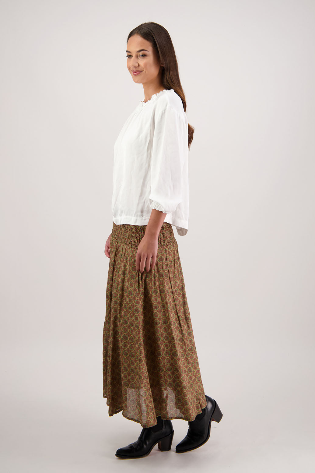 Hazelle Skirt in Camel Tile by Briarwood NZ. Full-length 100% ramie skirt with shirred waist and cotton lining.