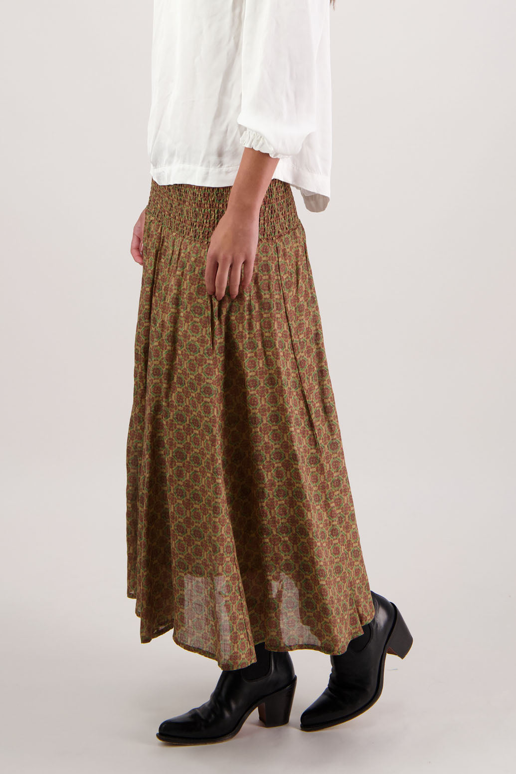 Hazelle Skirt in Camel Tile by Briarwood NZ. Full-length 100% ramie skirt with shirred waist and cotton lining.