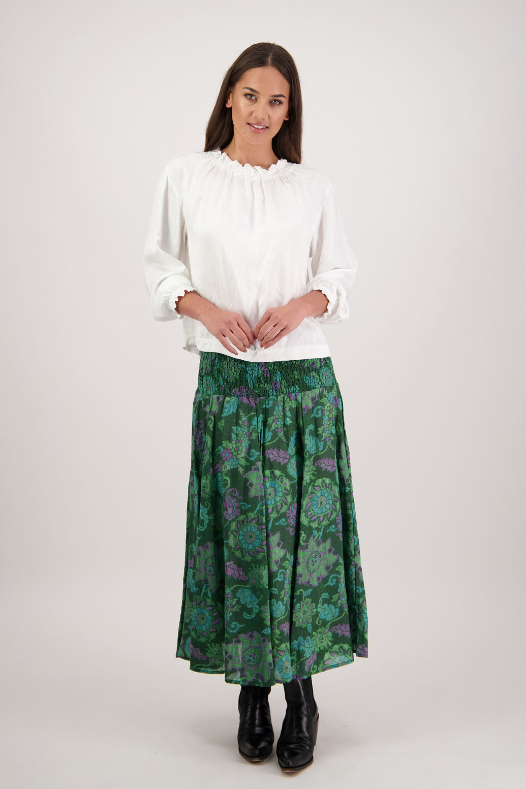 Hazelle Skirt in Green Floral by Briarwood NZ. Full-length 100% ramie skirt with shirred waist and cotton lining.