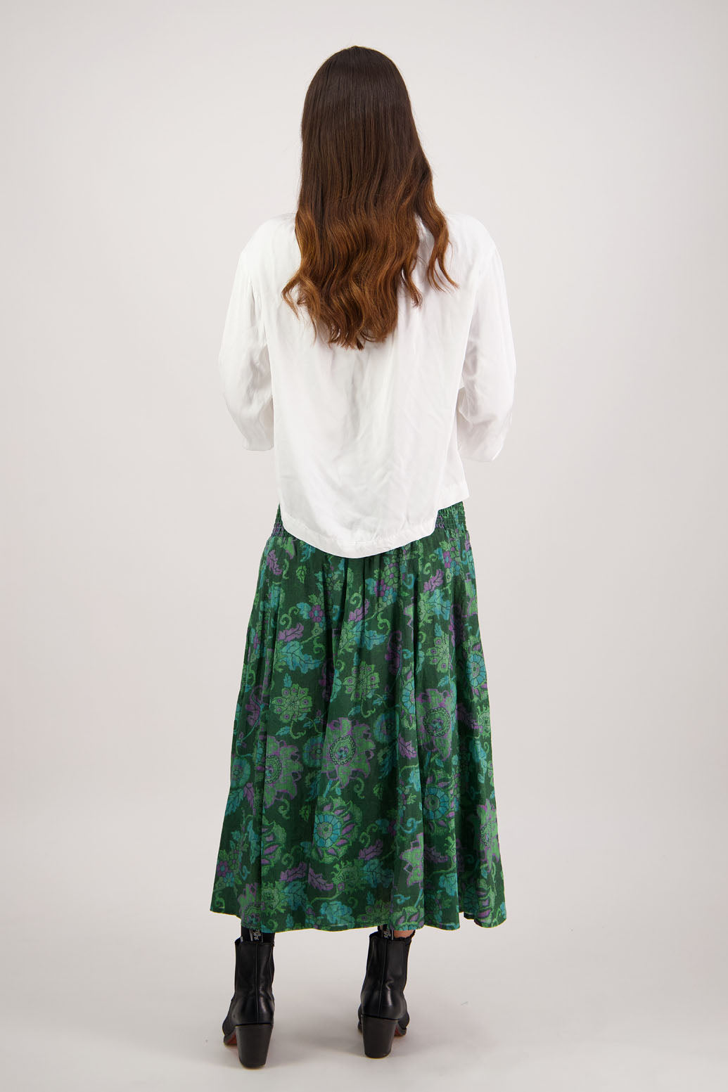 Hazelle Skirt in Green Floral by Briarwood NZ. Full-length 100% ramie skirt with shirred waist and cotton lining.