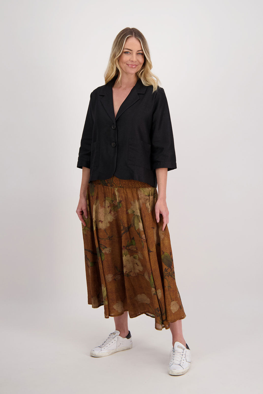 Tan Floral Shirred Waist Ramie Maxi Skirt, Hazelle. Worn with Long Sleeve Ramie Tan Floral Top, Harper