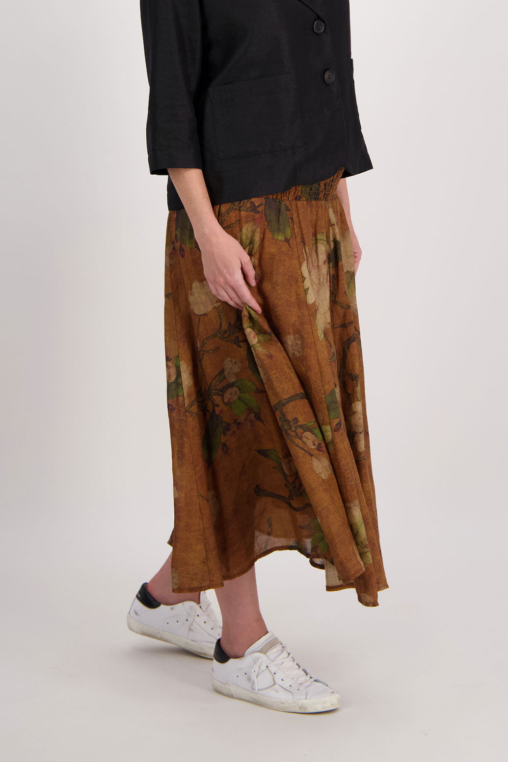 Tan Floral Shirred Waist Ramie Maxi Skirt, Hazelle. 