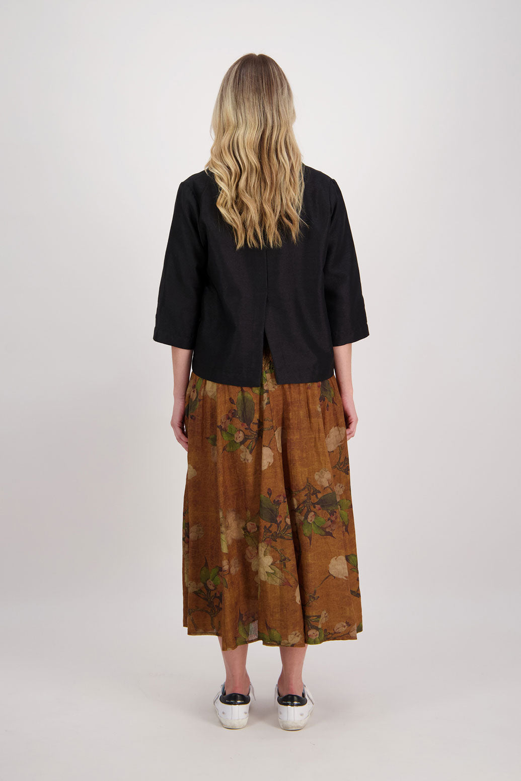 Tan Floral Shirred Waist Ramie Maxi Skirt, Hazelle.