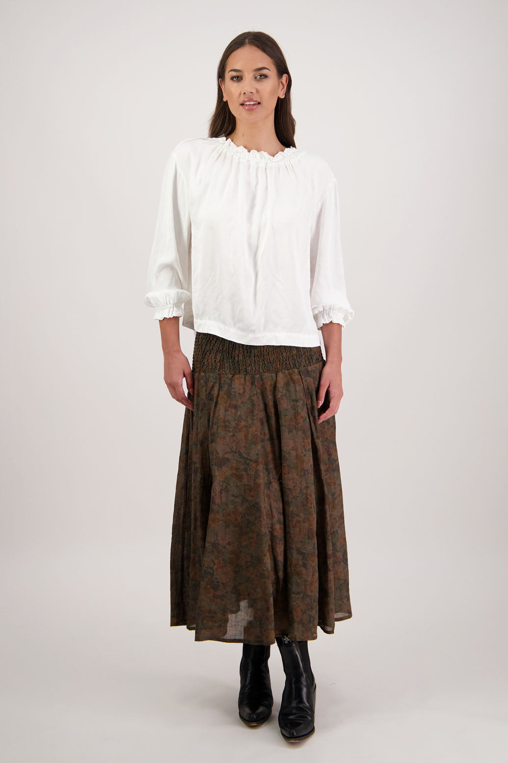 Hazelle Skirt in Vintage Floral by Briarwood NZ. Full-length 100% ramie skirt with shirred waist and cotton lining.