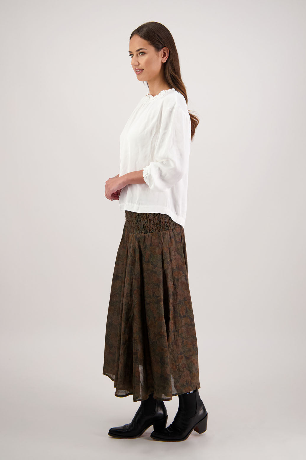 Hazelle Skirt in Vintage Floral by Briarwood NZ. Full-length 100% ramie skirt with shirred waist and cotton lining.