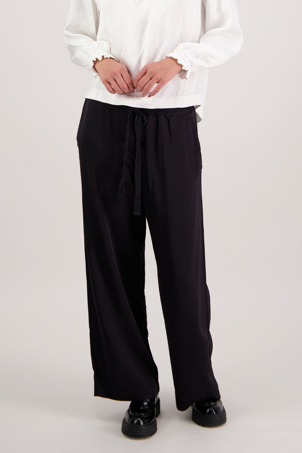 BESTSELLER. Hebe Pant in Black by Briarwood NZ. A heavyweight viscose straight leg pant, elasticated waist with tie cord and pockets