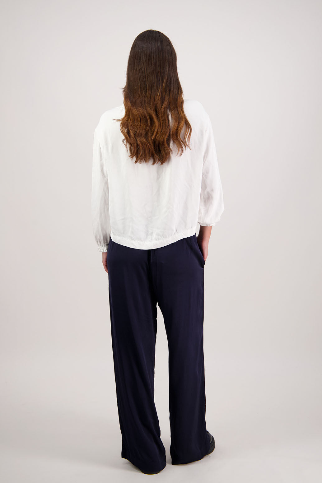 BESTSELLER. Hebe Pant in Ink by Briarwood NZ. A heavyweight viscose straight leg pant, elasticated waist with tie cord and pockets