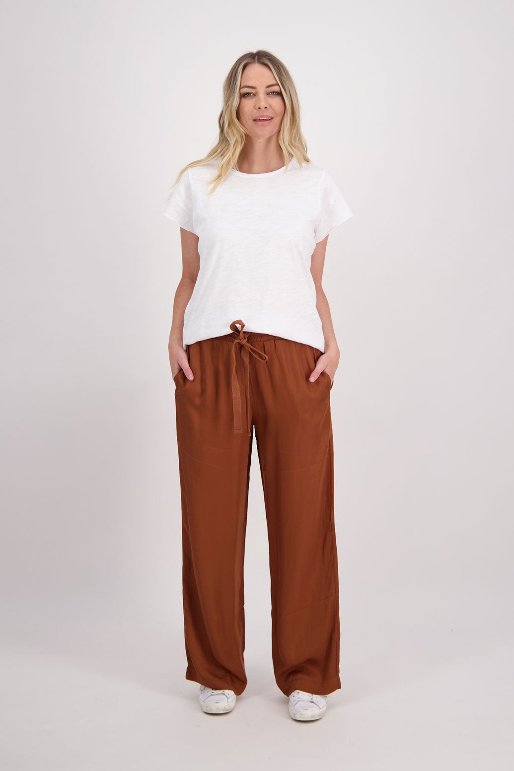 Tan wide leg pant made from heavyweight viscose. Hebe