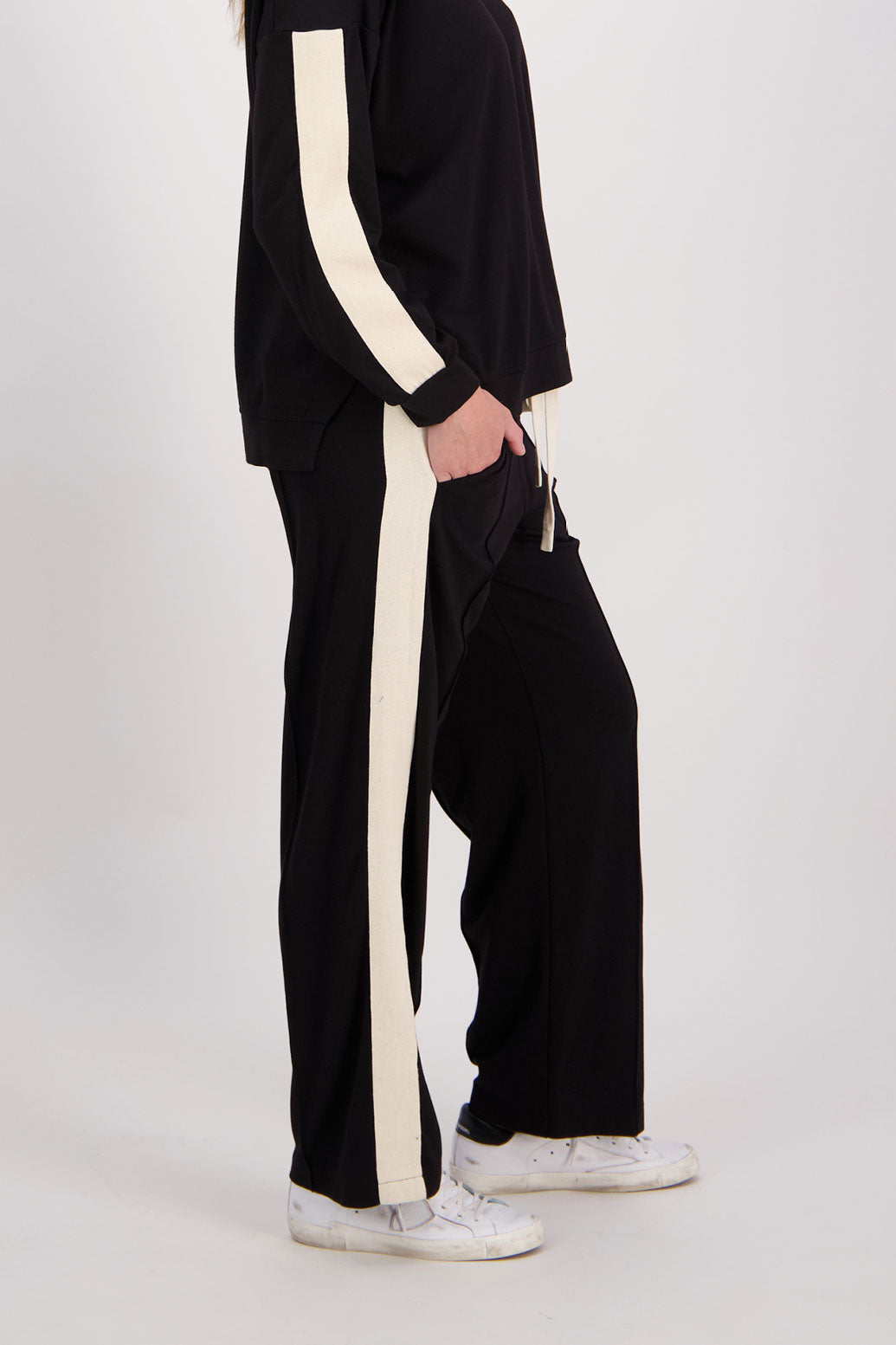 Black wide leg Ponte Pant with White/Ivory Side Stripe down the side of leg. Hector