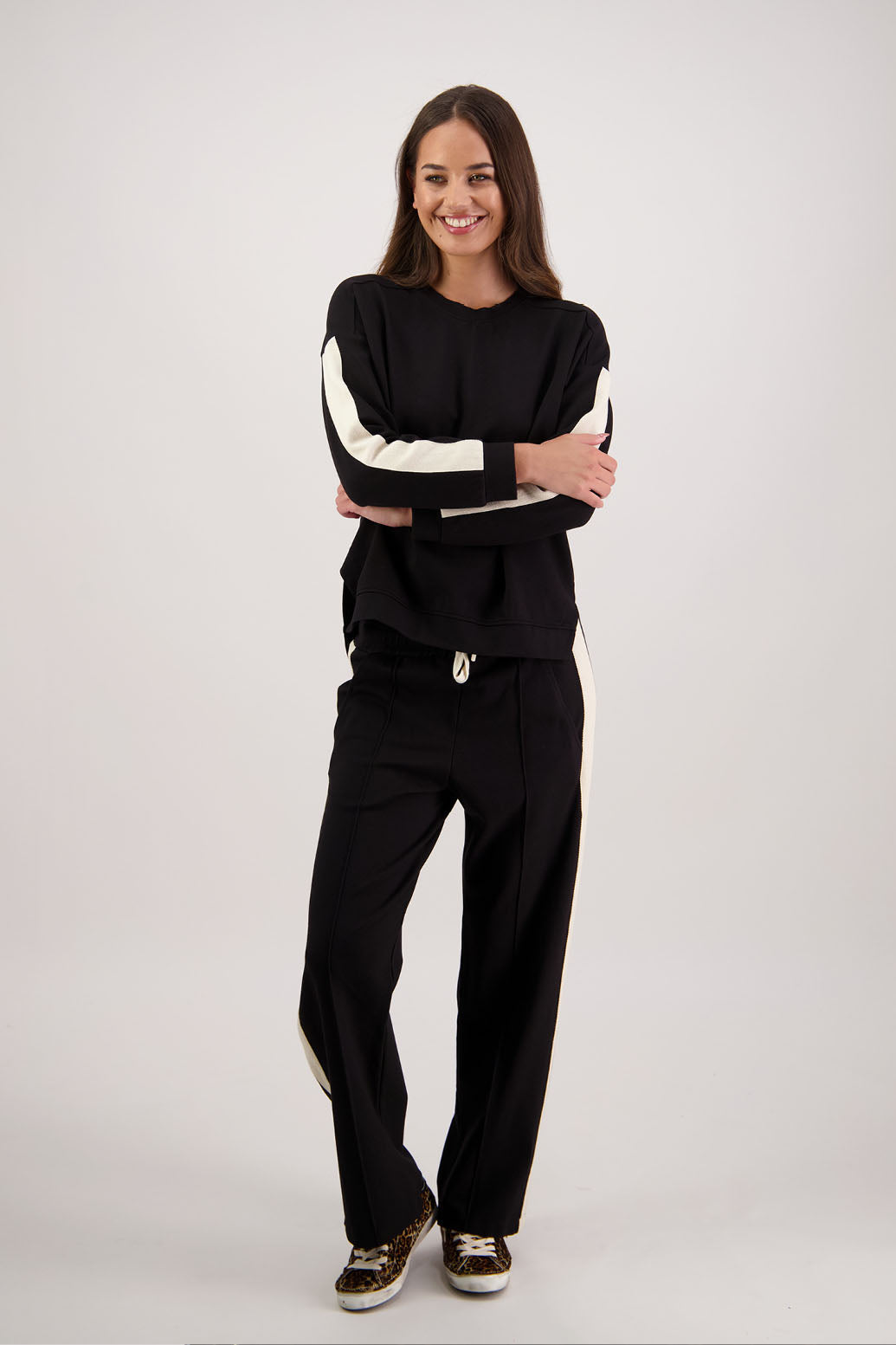 BESTSELLER. Hector pant in Black by Briarwood NZ. Ponte pant with elasticated waist with draw cord, pin tuck front & back, pockets and contrast side stripe