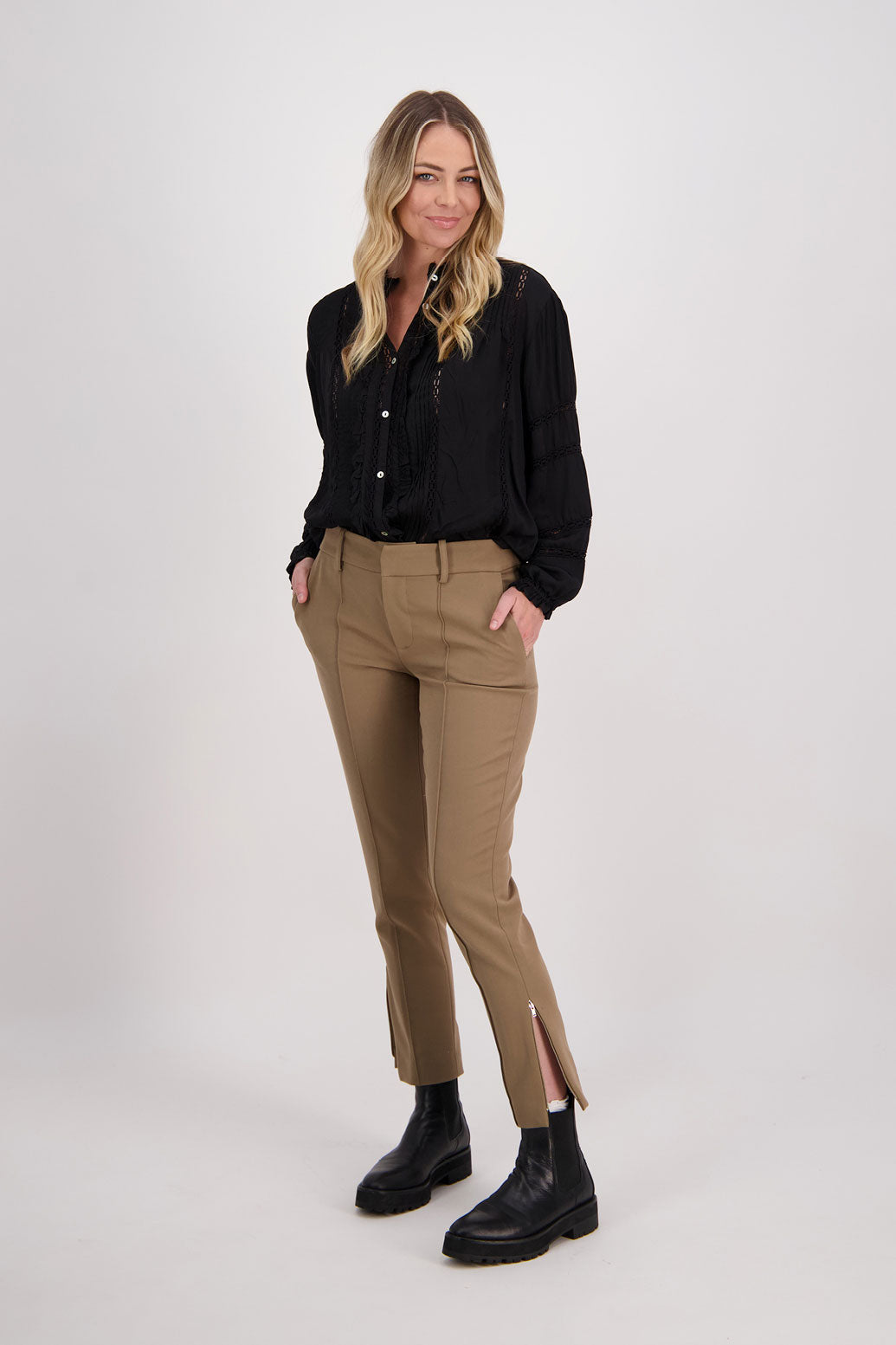 Camel tailored pant with side splits and zips. Front pin stitch detail. Helena