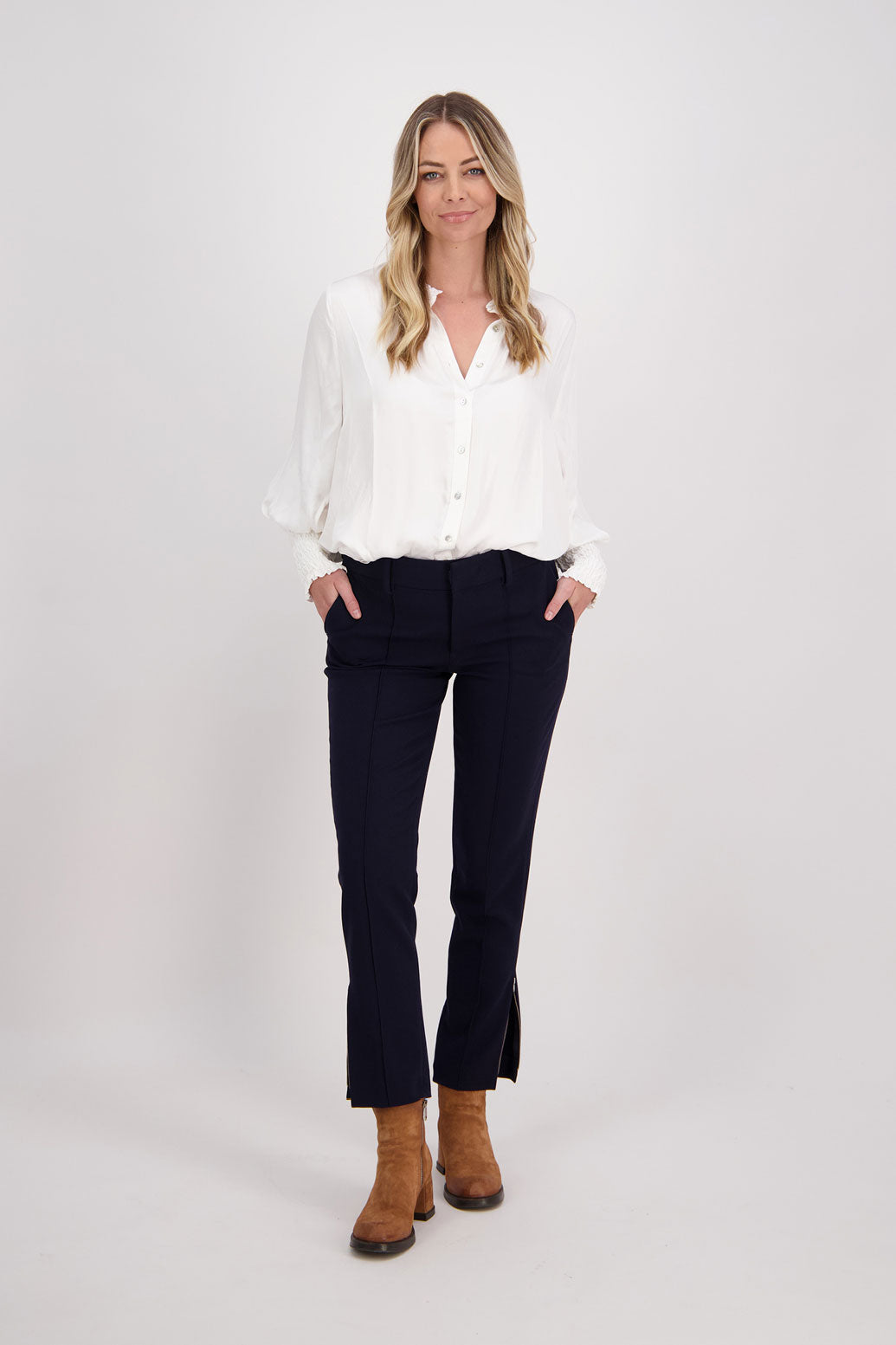 Ink/Dark Blue tailored pant with side splits and zips. Front pin stitch detail. Helena