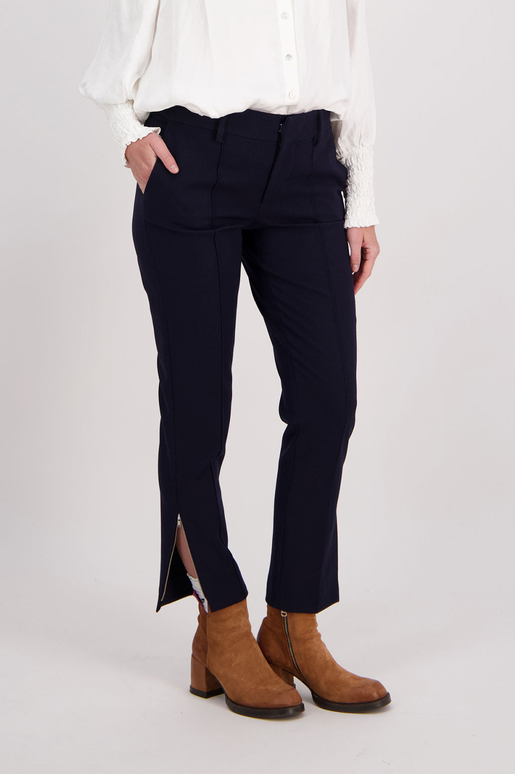 Ink/Dark Blue tailored pant with side splits and zips. Front pin stitch detail. Helena