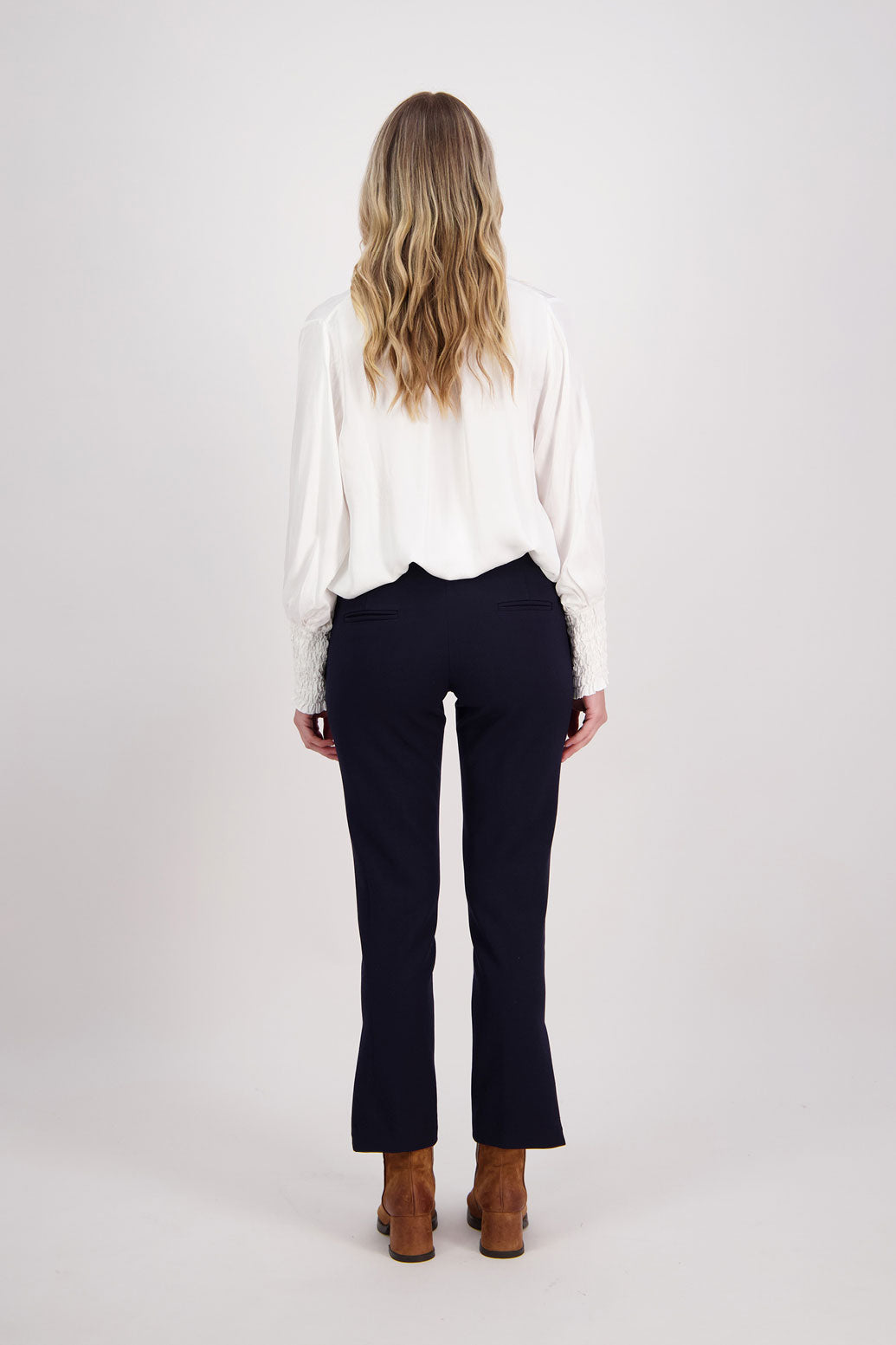 Ink/Dark Blue tailored pant with side splits and zips. Front pin stitch detail. Helena